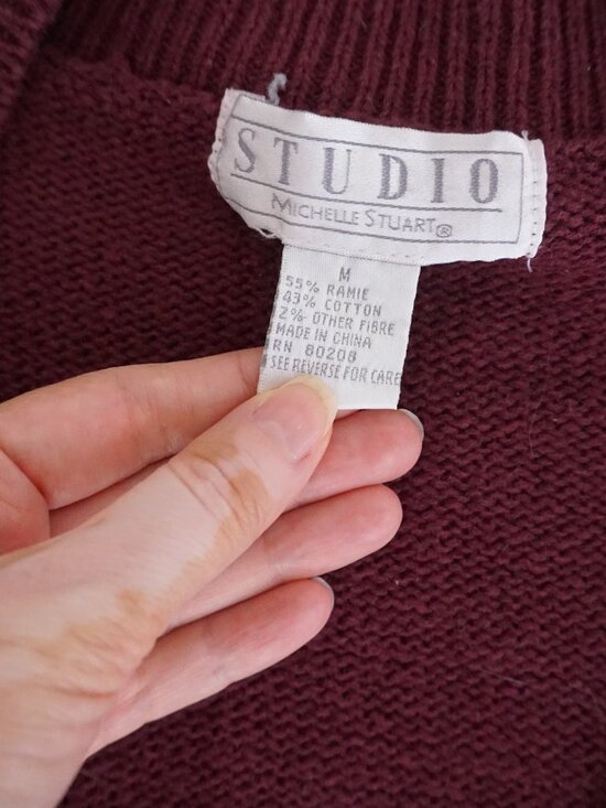 Vintage Studio Michelle Stuart Maroon Cotton Knit Floral V-Neck Sweater M - Picture 10 of 11